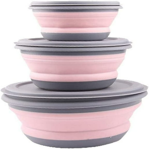 FZFLZDH 3 Pcs Food Grade Silicone Collapsible Bowl Lunch Box - Expandable Food Storage Containers Set -Silicone Salad Bowl with Lid Portable (Pink)