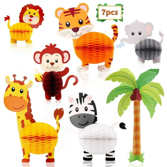 FZFLZDH 7 Pieces Jungle Animals Centerpieces Wild Animals Honeycomb Party Supplies 3D Jungle Themed Birthday Decorations Animal Cutouts for Baby Shower Wedding Theme Party