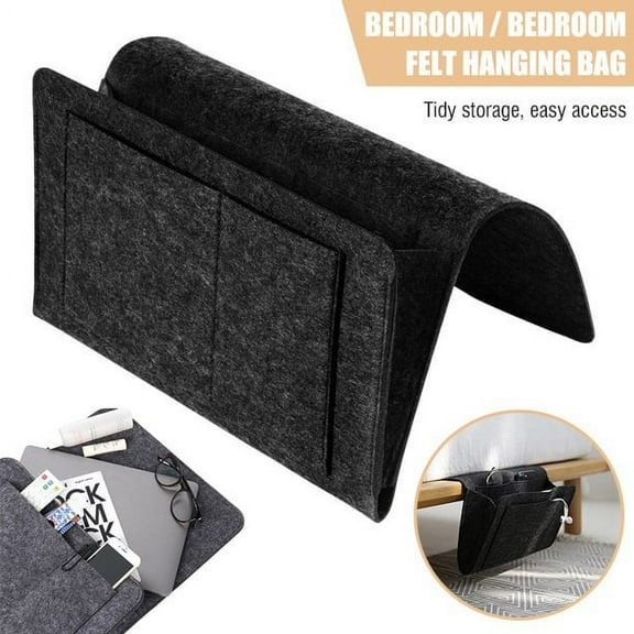 FZFLZDH Bedside Caddy, Felt Bed Storage Organizer Hanging Bag Holder with 5 Pockets, Magazine Book Phone Tablet iPad Cables Remote and Water Bottle Holder for Home Dorm Bed Sofa Black