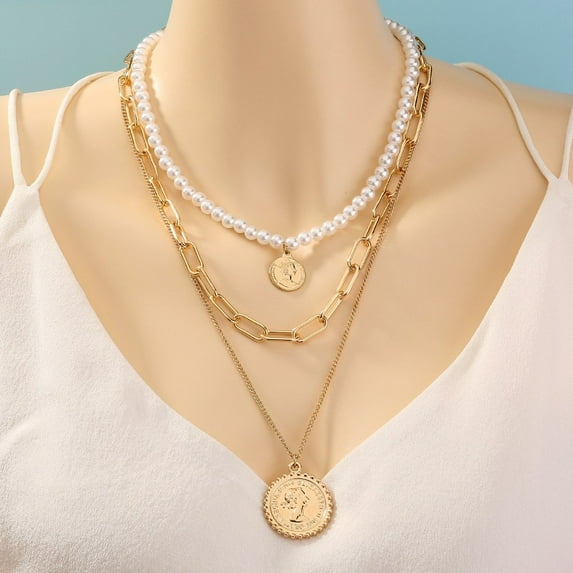 FZFLZDH Classic Elizabethan coin Vintage Necklace, three layers of elegant and fashionable lady necklace