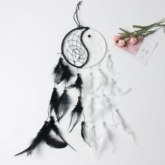 FZFLZDH Handmade Yin Yang Dream Catcher Circular Net with Feathers Beads for Wall Car Hanging Decoration Ornament Craft Gift, Black and White