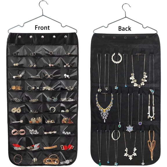 FZFLZDH Hanging Jewelry Organizer, Double Sided 40 Pockets & 20 Magic Tape Hook Storage Bag for Earrings Necklace Bracelet Ring(Black)