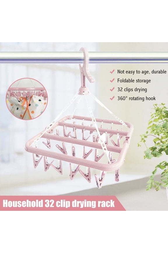 Laundry Hanger Drying Rack - Foldable Clip and Drip Hanger with 32 Pins, Clothes Drying Rack, Sock Hanger for Drying Towels, Bras, Baby Clothes, Plastic Laundry Sock Drying Hanger