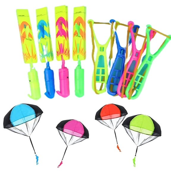 FZFLZDH Rocket Slingshot Flying Toys with Led Lights - 12 Pcs Slingshot Toy for Kids, Summer Outdoor Game LED Slingshot with 4Pcs Launchers + 4Pcs Arrow Helicopters+4 Parachute Toy