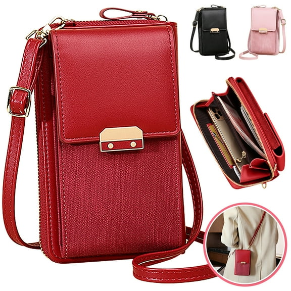 FZFLZDH Small Crossbody Cell Phone Purse for Women, Mini Messenger Shoulder Bag Wallet with Credit Card Slots, Adjustable Cell Phone Bag Fits for iPhone 11 Pro Max XR XS X Galaxy Huawei, Red