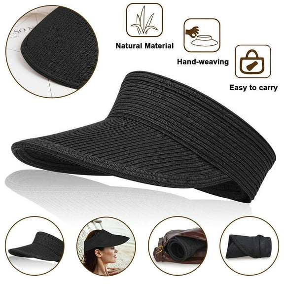 FZFLZDH Sun Visor Hats, Wide Brim Beach Hat Roll-up Golf Straw Sun Hat Packable Foldable Summer Beach Hat for Women (Black)