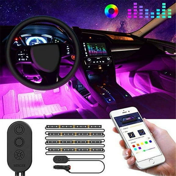FZFLZDH Unifilar Car LED Strip Light, MINGER APP Controller Car Interior Lights, Waterproof Multicolor Music Under Dash Lighting Kits for iPhone Android Smart Phone, Car Charger Included, DC 12V