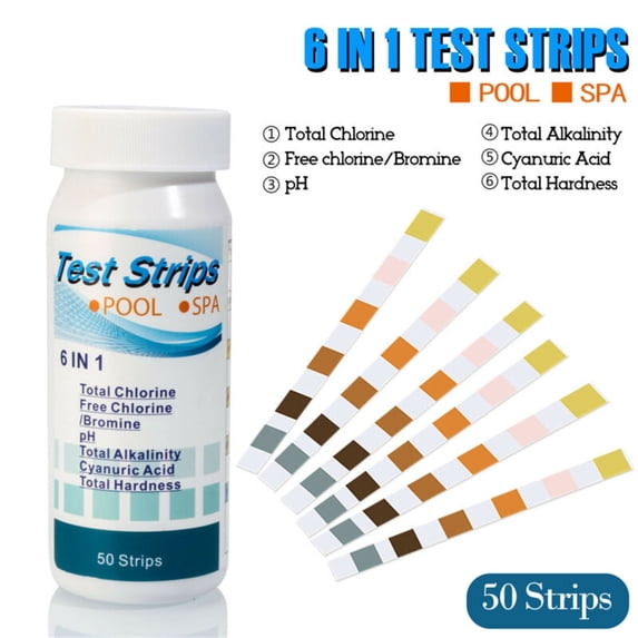 FZFLZDH Water quality test paper,6 In 1 Multi-functional Acid Water Hardness Swimming Pool Spa Chlorine Test Strip Alkalinity PH Cyanuric Bromine 50 Pack