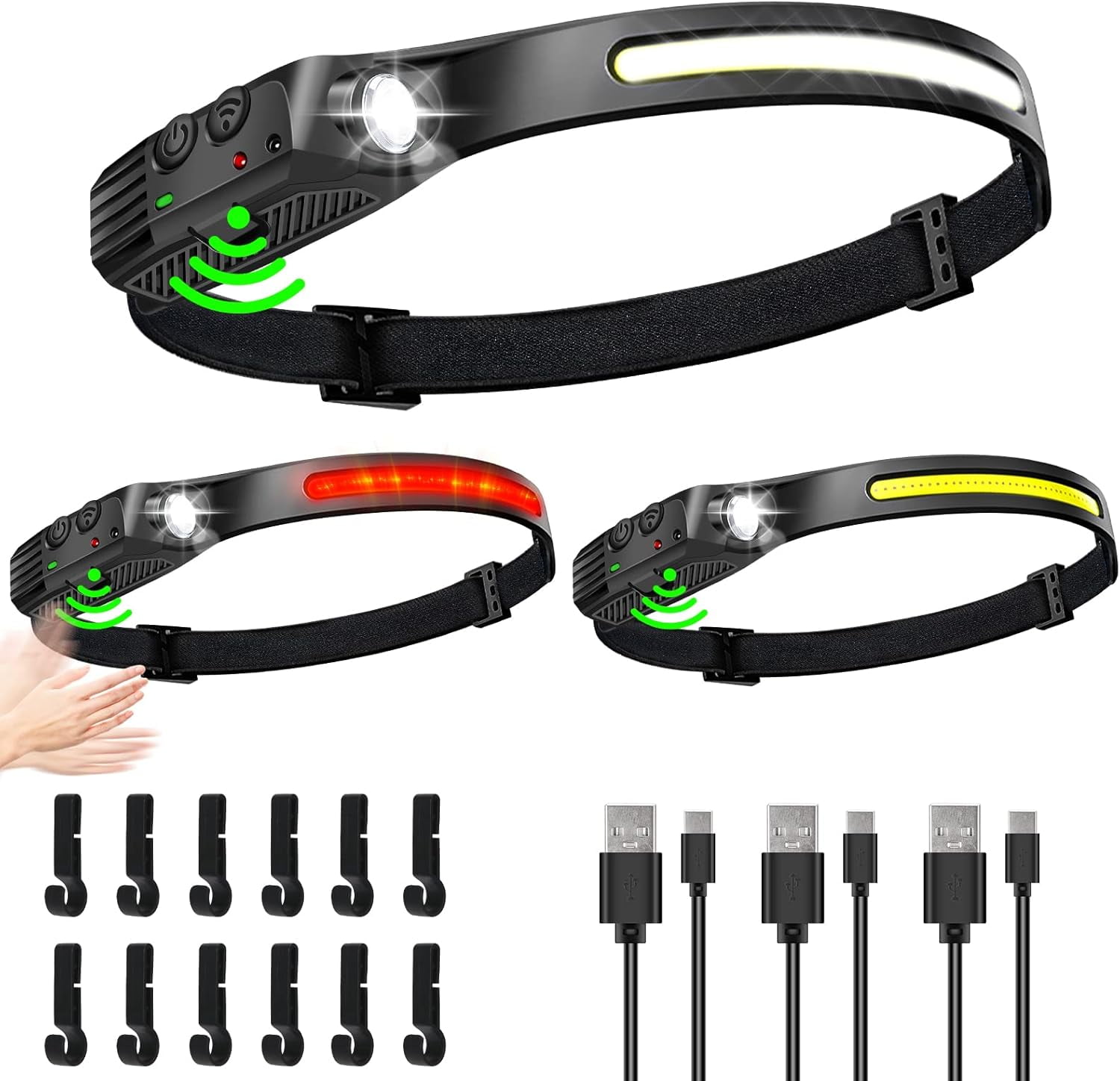 Headlamp 3 Pack, Rechargeable 230° Wide Beam Headlamps, 5 Lighting Modes Motion Sensor Headlamp Adjustable Headband Lightweight Waterproof Headlight Fis