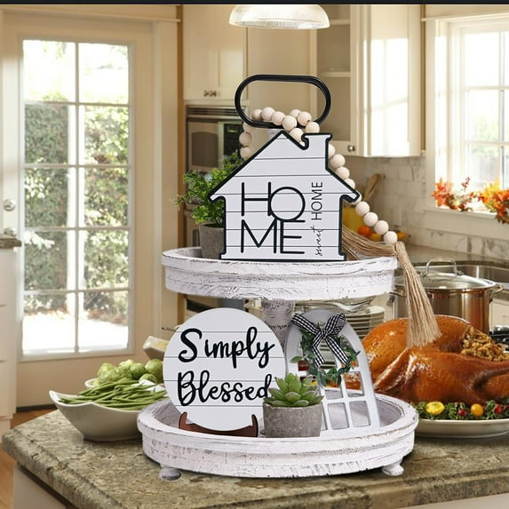 FZM Rustic Home Sweet Home Kitchen Decor Tiered Tray Decorative Set (No Pallet)