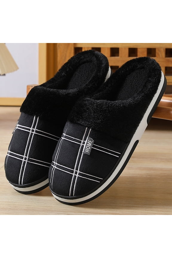 FZM Slippers Men Winter Home Cotton Slides Christmas Antlers Print Thermal Slippers Casual Home Shoes Black 12