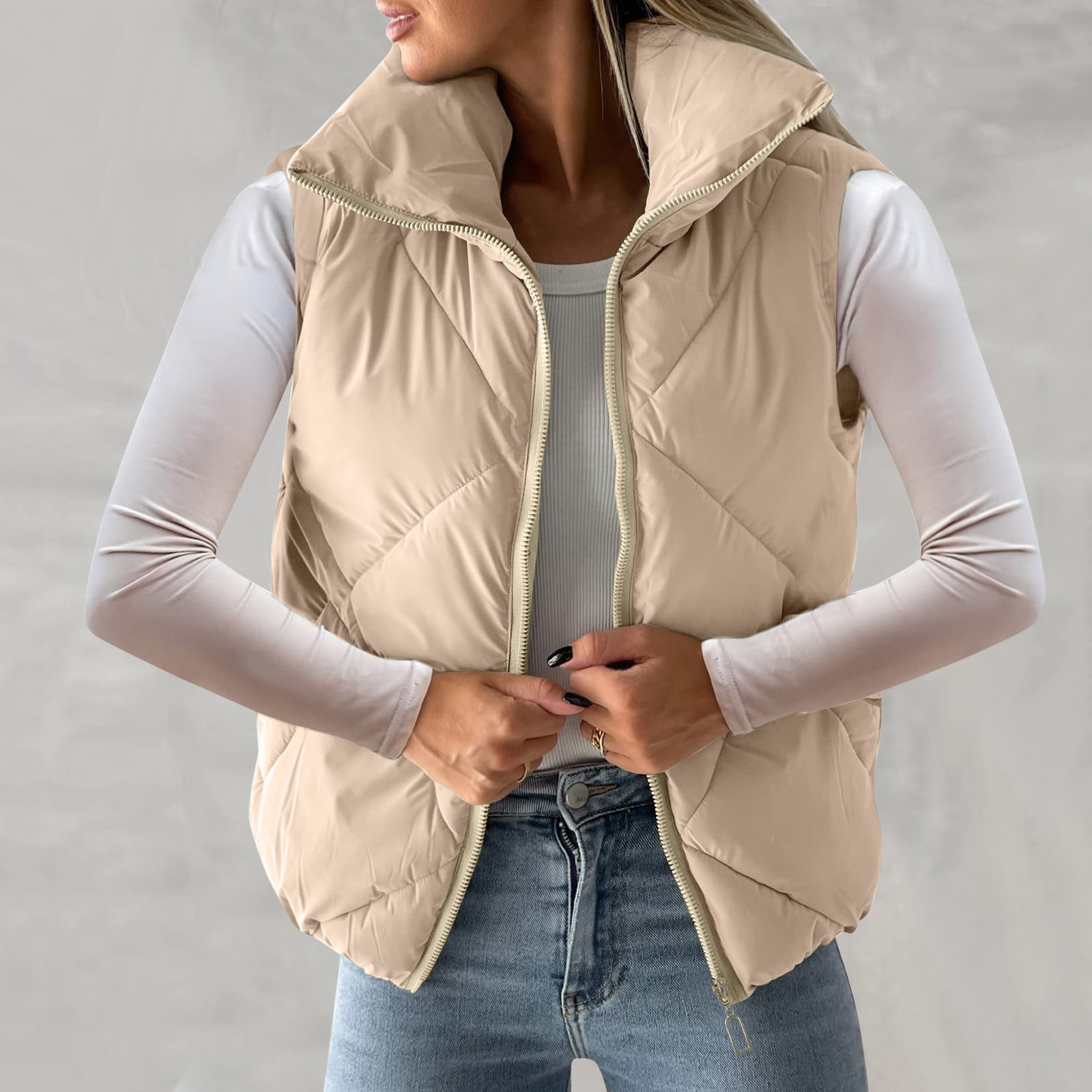Vests Down Jackets For Women 2023 Vest Stand Collar Zip Up Sleeveless  Padded Gilet Coat With Pockets Warm (Beige, M) at  Women's Coats Shop