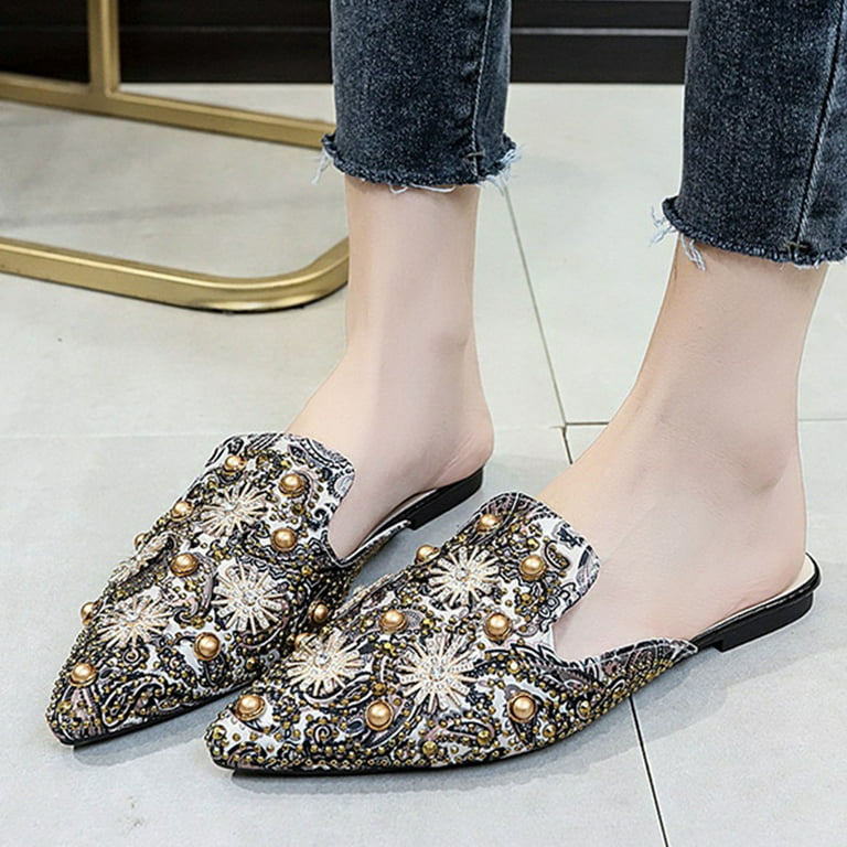 FZM Women shoes Fashion Summer And Autumn Women Pumps Low Heel Flat Pointed  Toe Pearl Rhinestone Colorful Print Half Slippers Mules