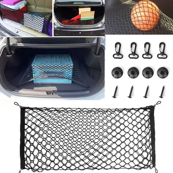 FZPJJNB Car Trunk Universal Storage Nylon Net,Elastic Mesh Boot Cargo Organizer Net with 4 Hooks for SUVs,Trucks and Cars,N7