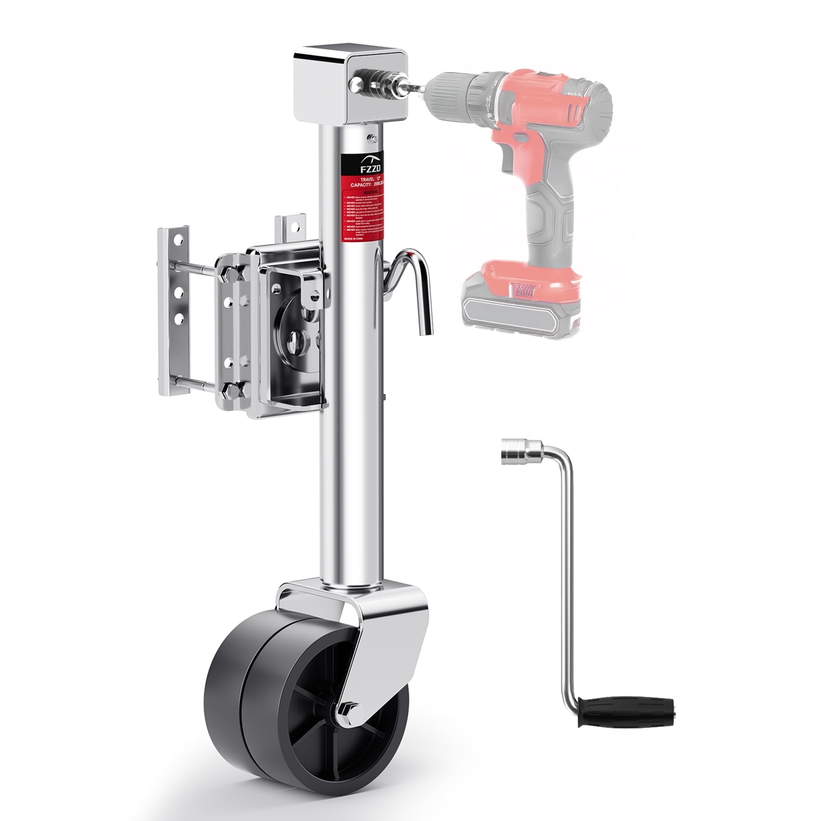 FZZD 2000lbs Trailer Jack with Dual Wheel, 20-24V Cordless Drill Compatible, 12" Lift, for RV Boat,Silver