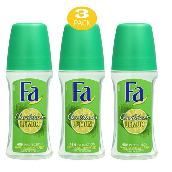Fa Deodorant 1.7 Ounce Roll-on Caribbean Lemon Deodorant,  Antiperspirant for Men & Women - 50ml (3 Pack)