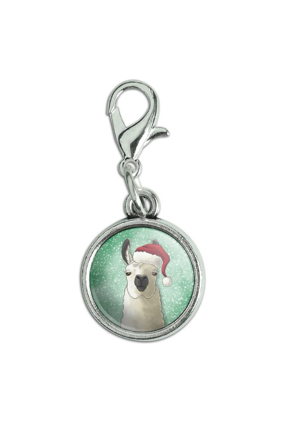 Fa La La La Llama Christmas Santa Hat Antiqued Bracelet Pendant Zipper Pull Charm with Lobster Clasp