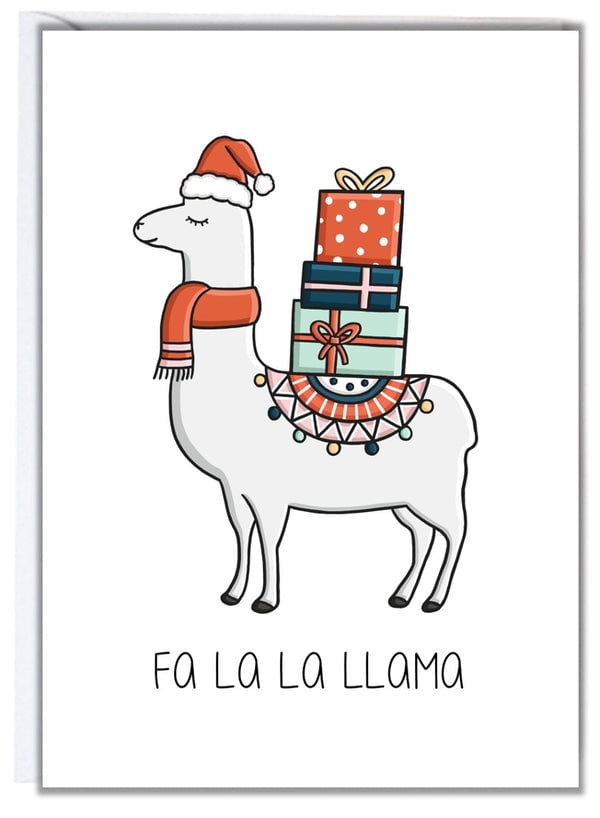 Fa La La Llama Christmas Card Adorable Llama with Gifts Design Blank Inside, Envelope Included Perfect Holiday Greeting for Friends and Family