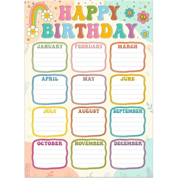 FaCraft Birthday Chart Poster for Classroom - 16.5" x 12" Reusable Laminated Boho Happy Birthday Calendar with Glue Dots Bulletin Board Decorations Back to School Teacher Supplies Class Wall Decor