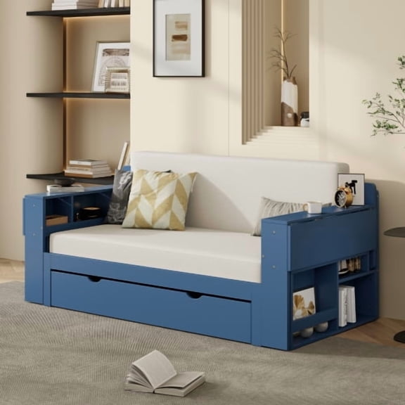 FaFaSoGood Full Size Daybed with Removable Desk, Storage Drawers & Hydraulic Side Table, Blue