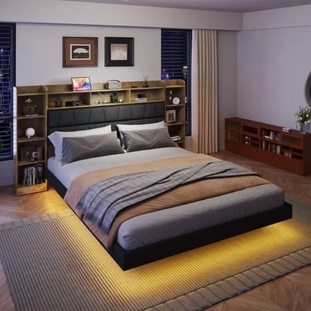 FaFaSoGoodFa Floating Queen Bed Frame with LED Light and Bookcase Storage Headboard,Upholstered Platform Bed with Charging Station, Black+Rustic