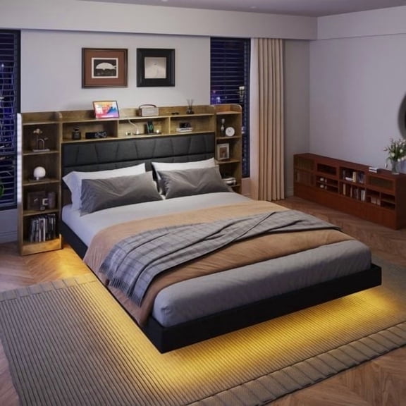 FaFaSoGoodFa Floating Queen Bed Frame with LED Light and Bookcase Storage Headboard,Upholstered Platform Bed with Charging Station, Black+Rustic