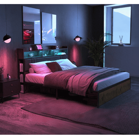 FaFaSoGoodFa King Bed Frame with Storage Headboard and 2 Drawers, Upholstered Platform Bed with Charging Station and LED Light, Heavy Duty Frame Support, No Box Spring Needed, Noise Free, Dark Brown
