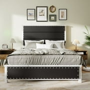 FaFaSoGoodFa King Size Bed Frame with Upholstered Headboard, with Charging Station and LED Lights, Dark Gray Faux Leather & Rivets, No Box Spring Needed