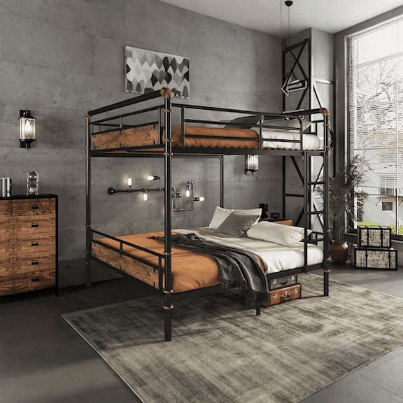 FaFaSoGoodFa Queen over Queen Metal Bunk Bed, Industrial Detachable Bunkbeds with Safety Guard Rails for Teens, Black
