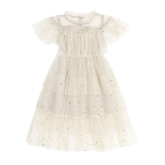 FaLX Party Dress See-through Mesh Patchwork Star Shape Sequin Little Girls Dress Performance Dress