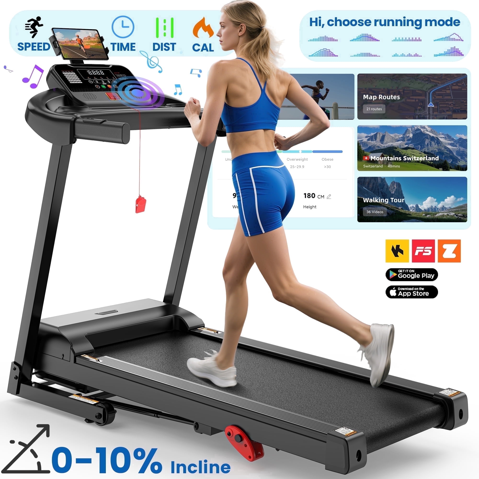 Folding Treadmill with Incline – 300 lbs Capacity, Compact Electric Running Machine for Home, 3HP Quiet Motor, 0.6-7.5 MPH, APP Control, Adjustable Tablet Holder