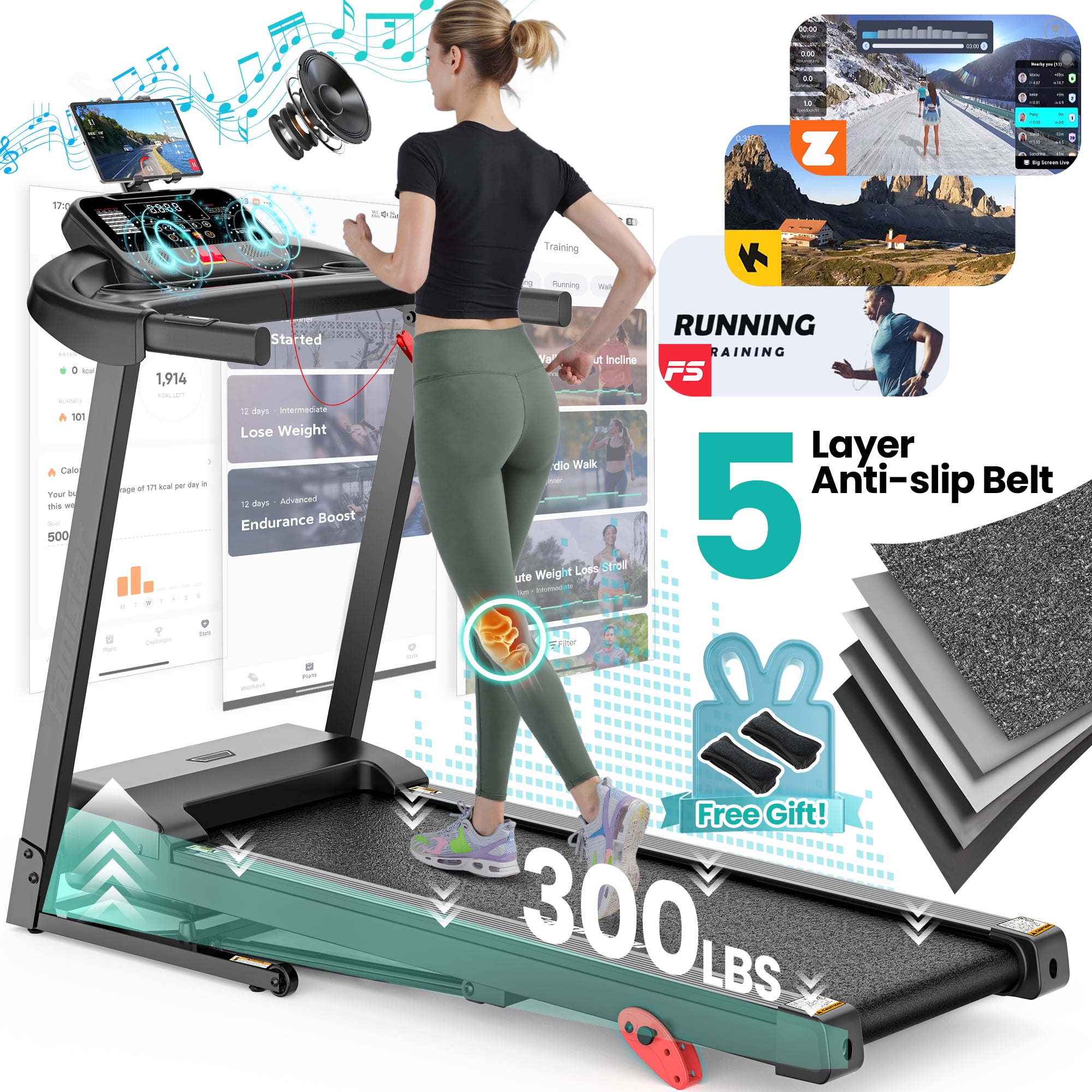 300 lbs Portable Folding Treadmill, 2.75 HP Foldable Compact Treadmill for Home Office, Walking Running Treadmill with LED Display for Exercise, Treadmill with Incline, 64 Programs