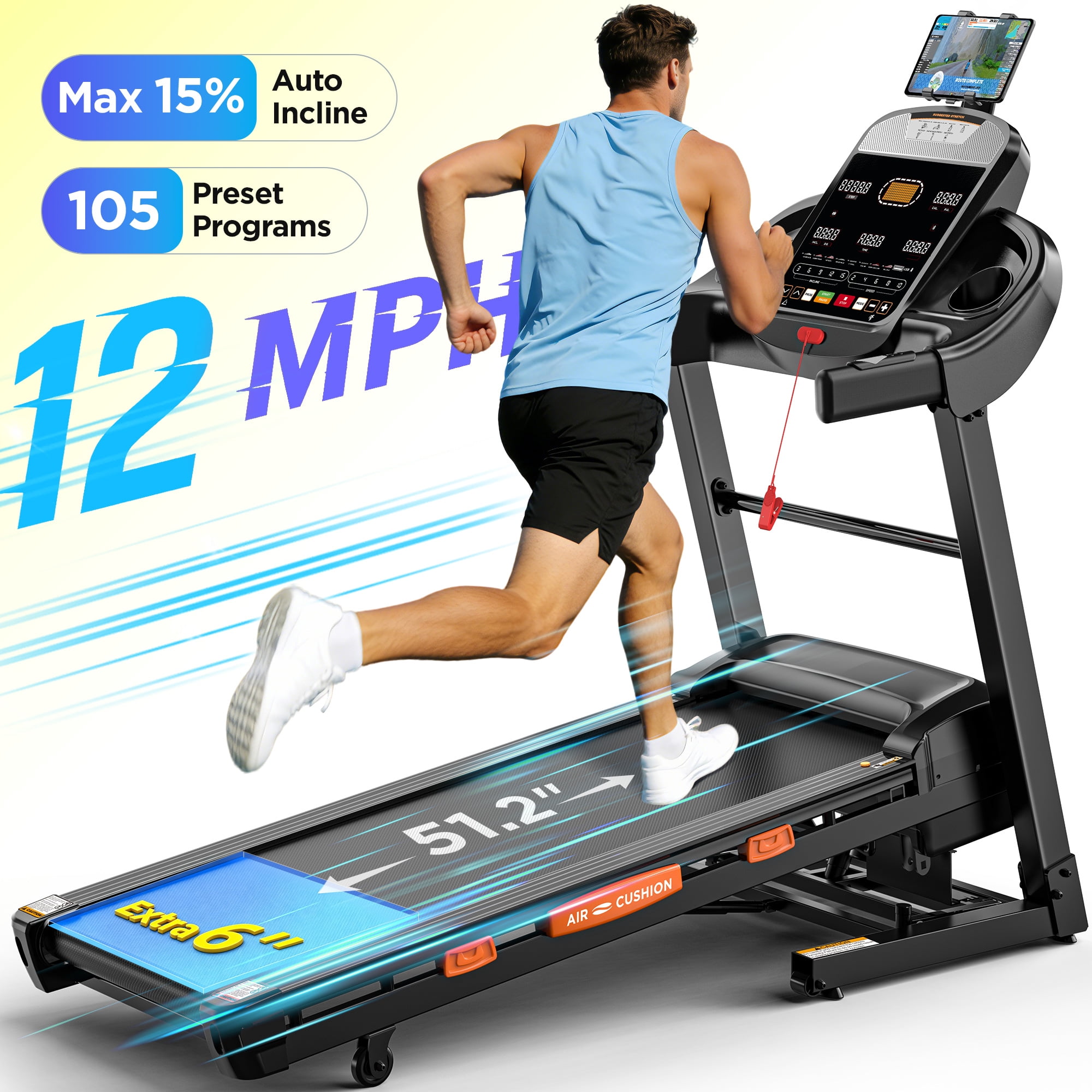 Smart Folding Treadmill with 20-Level Auto Incline, 0.6–12 MPH Speed, Quiet Performance Motor, Step Tracking, LED Display for Home Use