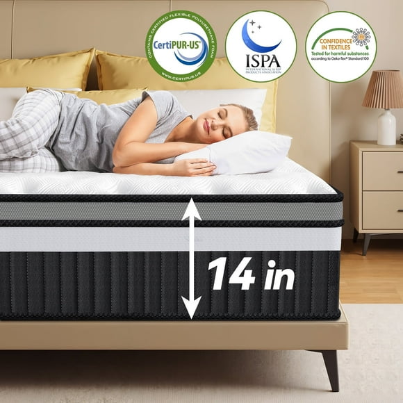 Queen Mattress in a Box - 14 inch Queen Size Mattress Gel-Infused Memory Foam & Pocket Coils, Medium-Firm, Cooling, CertiPUR-US Certified, Queen Bed-in-a-Box, Motion Isolation