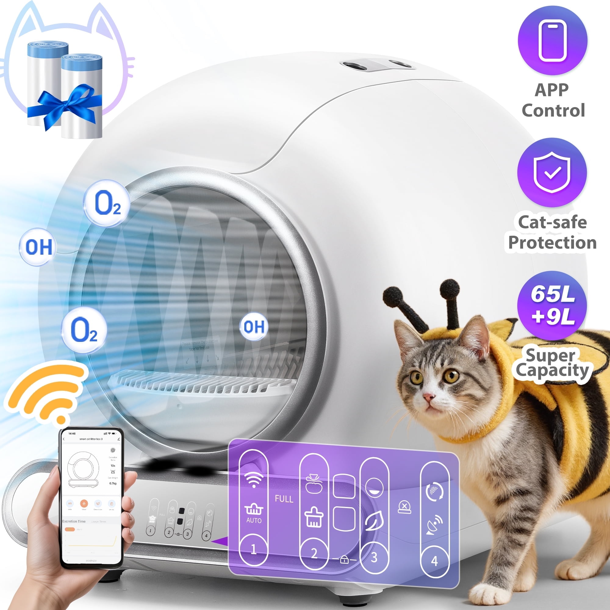 FaayFian Self Cleaning Cat Litter Box, 65+9L Large Capacity, Ultra Low 5.51 Entrance, Anti Pinch & Odor Control, App Controlled for Multi Cat Households