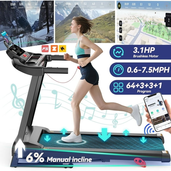 3.1HP Treadmill for Home, Folding Treadmill 300lbs Capacity, Treadmill with 6% Incline, 0.6-7.5MPH, 64 Preset Program, App Control, Knees Protection