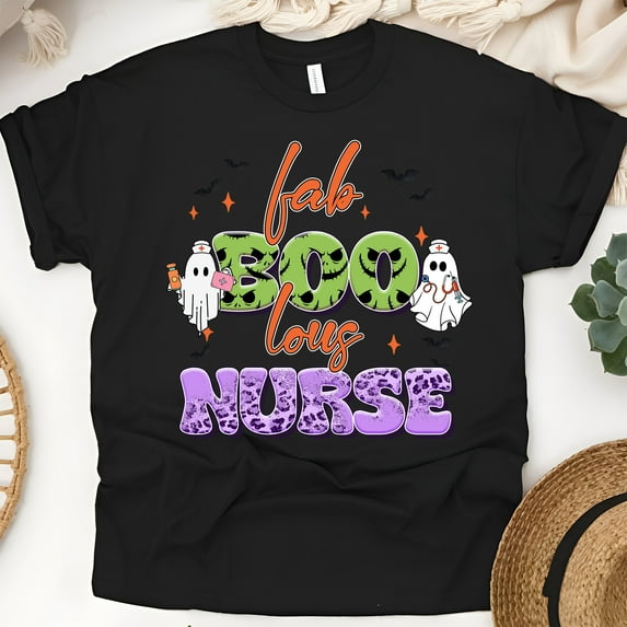 Fab Boo Lous Nurse Graphic T-Shirt for Women Men | Funny Ghost Medical Tee, Black, Size L