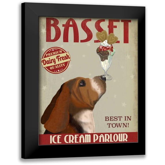Fab Funky 12x14 Black Modern Framed Museum Art Print Titled - Basset Hound Ice Cream