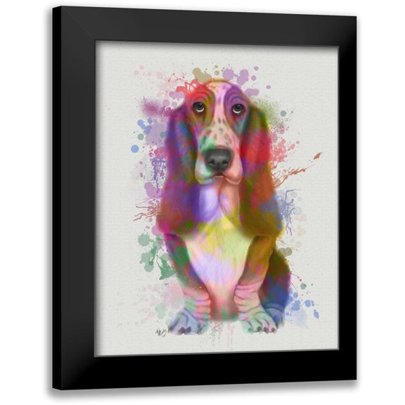 Fab Funky 12x14 Black Modern Framed Museum Art Print Titled - Basset Hound Rainbow Splash