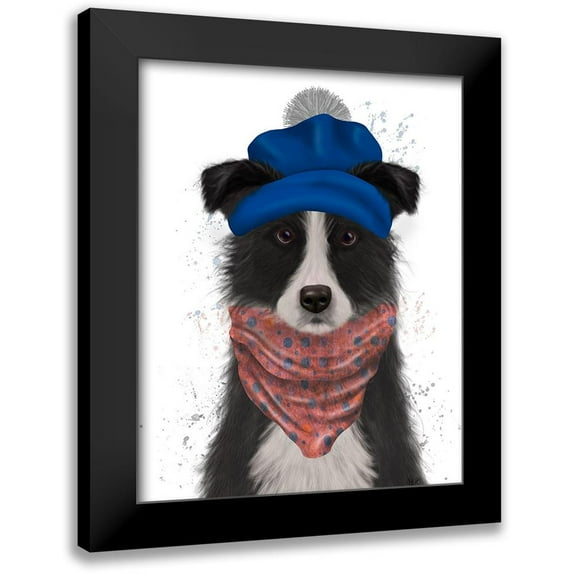 Fab Funky 12x14 Black Modern Framed Museum Art Print Titled - Border Collie in Blue Bobble Hat