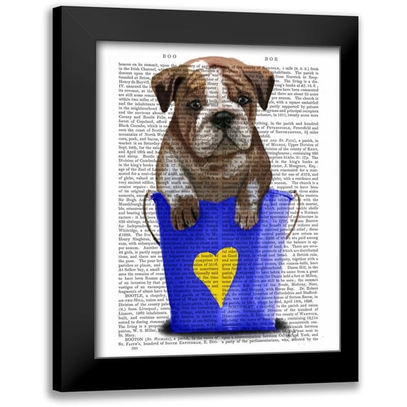 Fab Funky 12x14 Black Modern Framed Museum Art Print Titled - Bulldog Bucket Of Love Blue