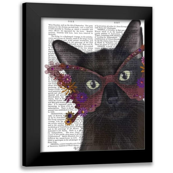 Fab Funky 12x14 Black Modern Framed Museum Art Print Titled - Cat and Flower Glasses