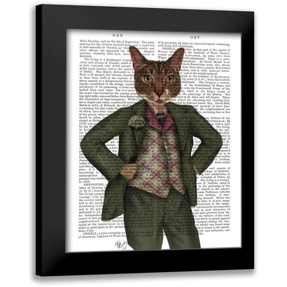 Fab Funky 12x14 Black Modern Framed Museum Art Print Titled - Cat in Tartan Waistcoat