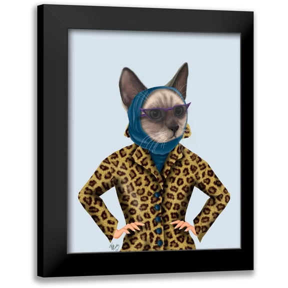 Fab Funky 12x14 Black Modern Framed Museum Art Print Titled - Cat with Leopard Jacket