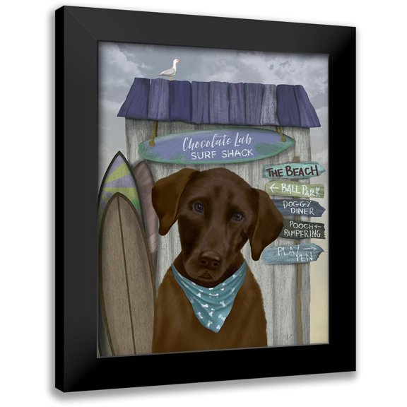 Fab Funky 12x14 Black Modern Framed Museum Art Print Titled - Chocolate Labrador Surf Shack