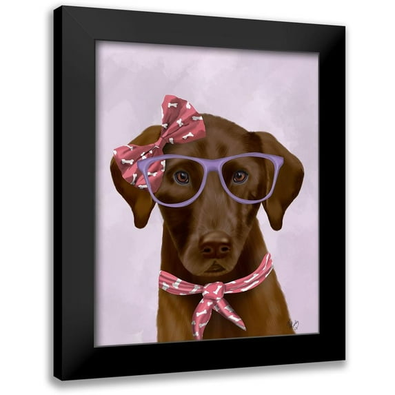 Fab Funky 12x14 Black Modern Framed Museum Art Print Titled - Chocolate Labrador with Glasses and Scarf