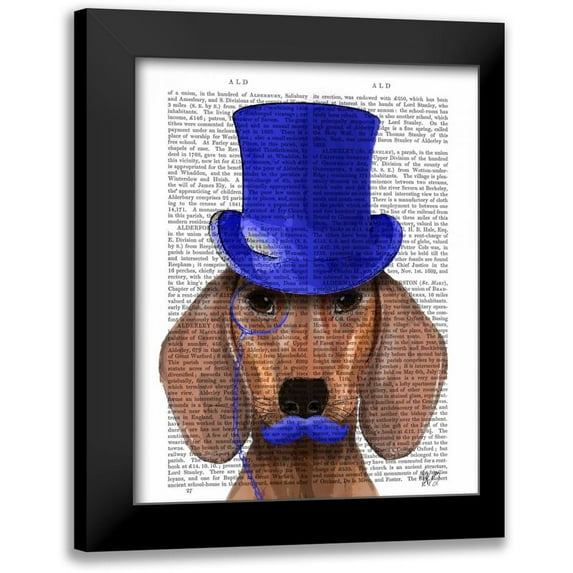 Fab Funky 12x14 Black Modern Framed Museum Art Print Titled - Dachshund With Blue Top Hat and Blue Moustache