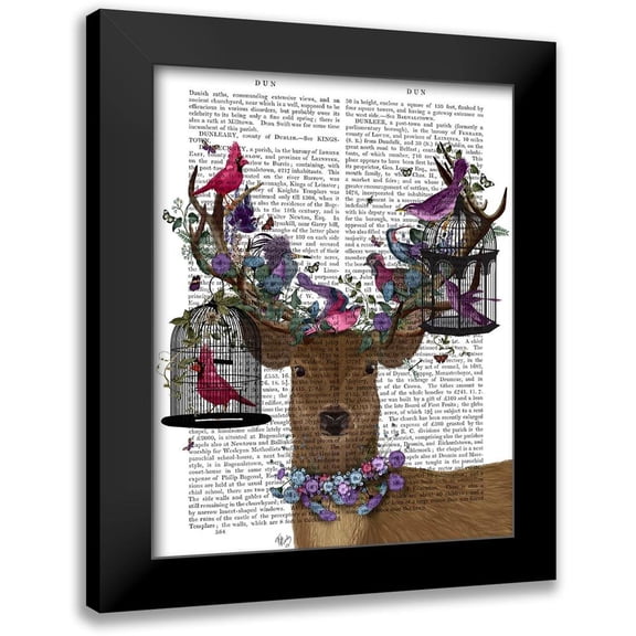 Fab Funky 12x14 Black Modern Framed Museum Art Print Titled - Deer Birdkeeper, Tropical Bird Cages