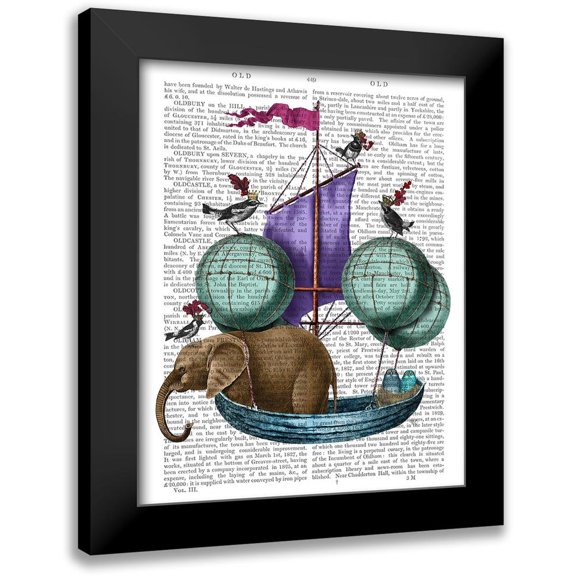 Fab Funky 12x14 Black Modern Framed Museum Art Print Titled - Elephant in Airship