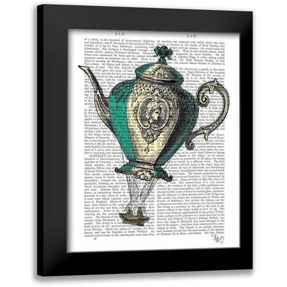 Fab Funky 12x14 Black Modern Framed Museum Art Print Titled - Flying Teapot 1 Green and Yellow